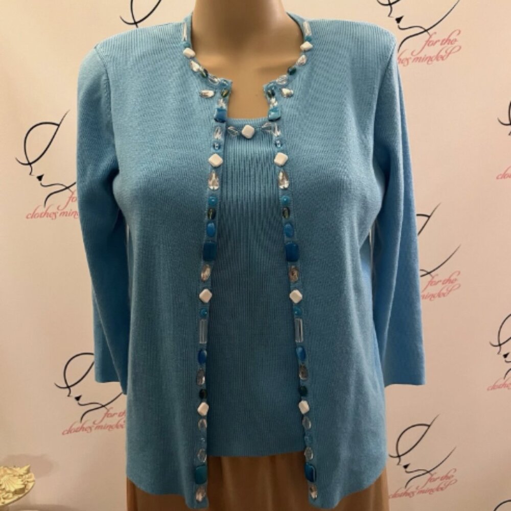 R Q T. Size PM. Faux 2 piece Beaded Sweater. Acrylic. 3/4 Sleeve. B111